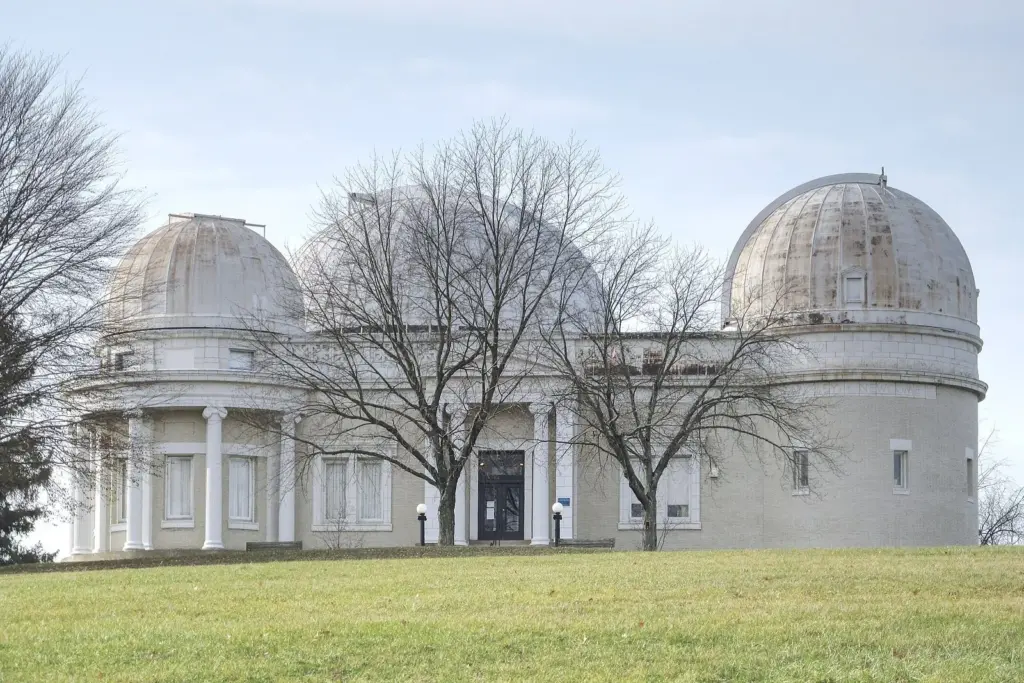 The white domes and columned entrance of the Allegheny Observatory