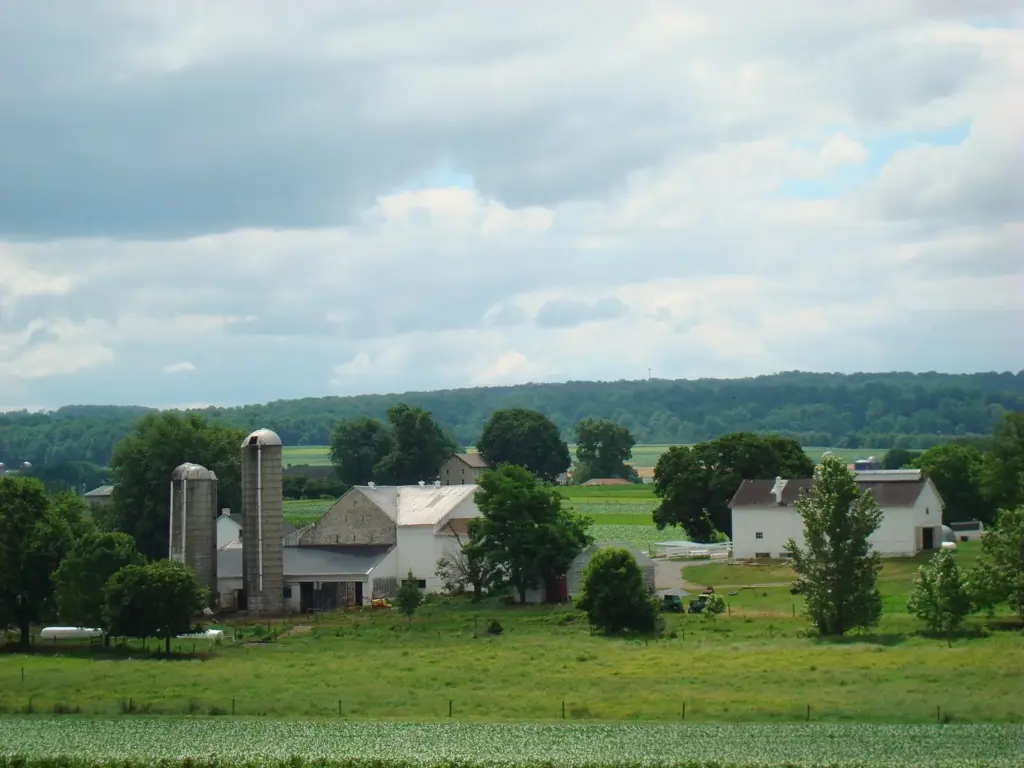 White barns, silos and a farmhouse beside green fields, seen along the Strasburg Rail Road line