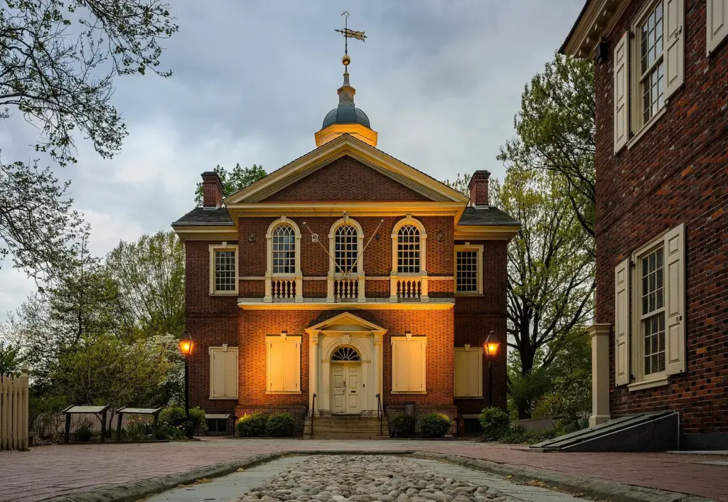 Carpenters' Hall, a small Georgian brick building with a cupola, lit at dusk at the end of a courtyard