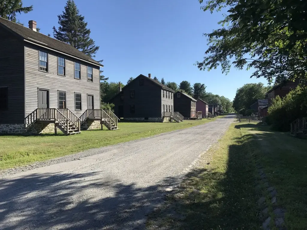 Weathered wooden company houses along the gravel main street of Eckley Miners' Village