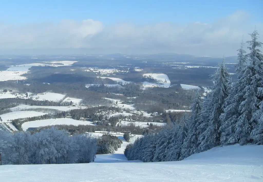 Snow-covered evergreens at the top of Elk Mountain with the white fields of the Endless Mountains below