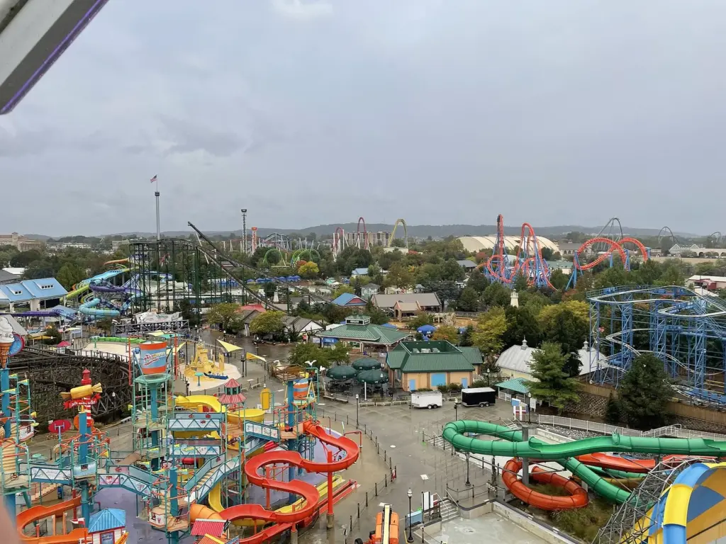 Hersheypark's roller coasters and colorful water slides seen from above