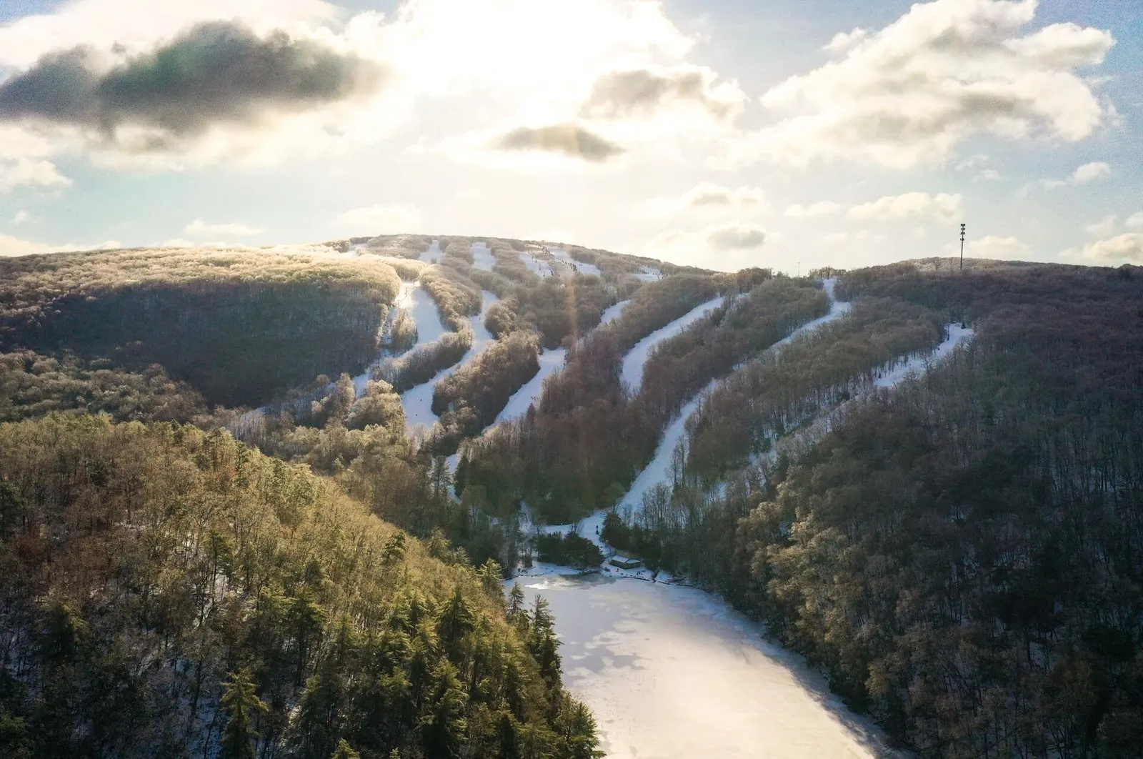 Aerial view of Montage Mountain's snow-covered trails above Scranton, one of the ski resorts in Pennsylvania