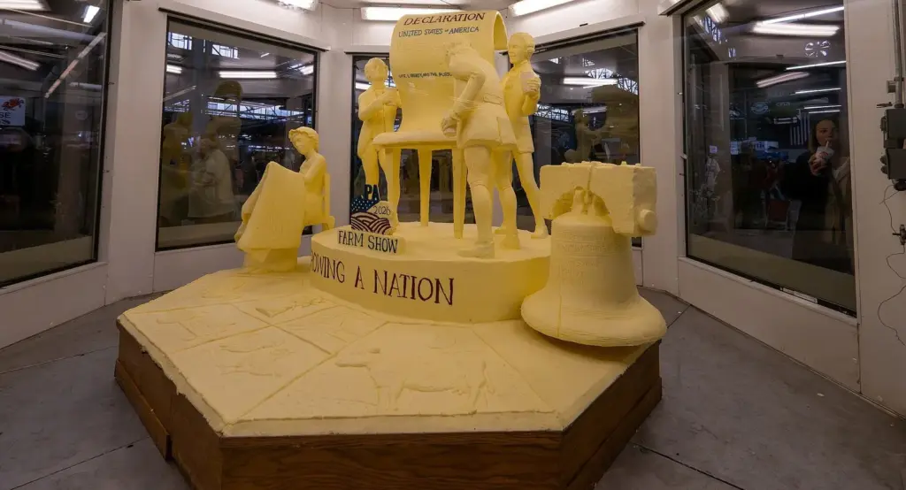 A large butter sculpture of historical figures and a Liberty Bell in a refrigerated glass case