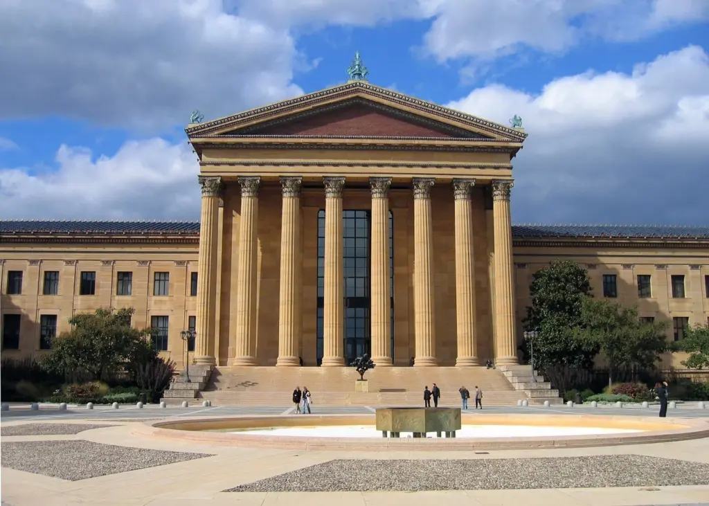 The columned east facade of the Philadelphia Museum of Art above its plaza and steps