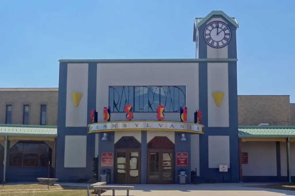The clock tower and front entrance of the Railroad Museum of Pennsylvania in Strasburg