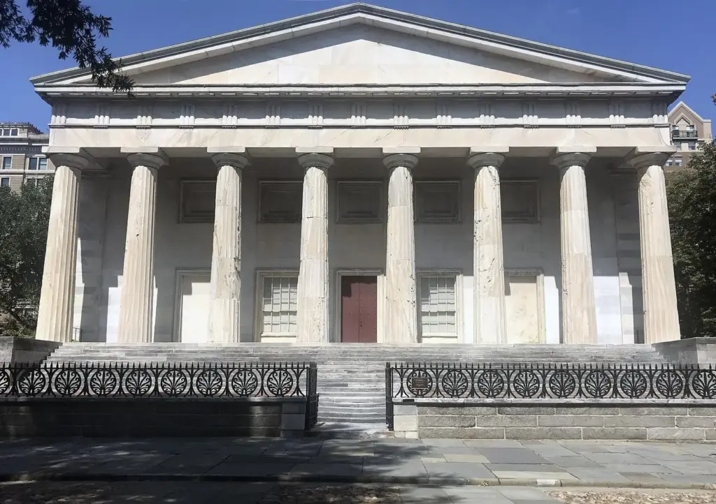 The marble Greek Revival columns and pediment of the Second Bank of the United States