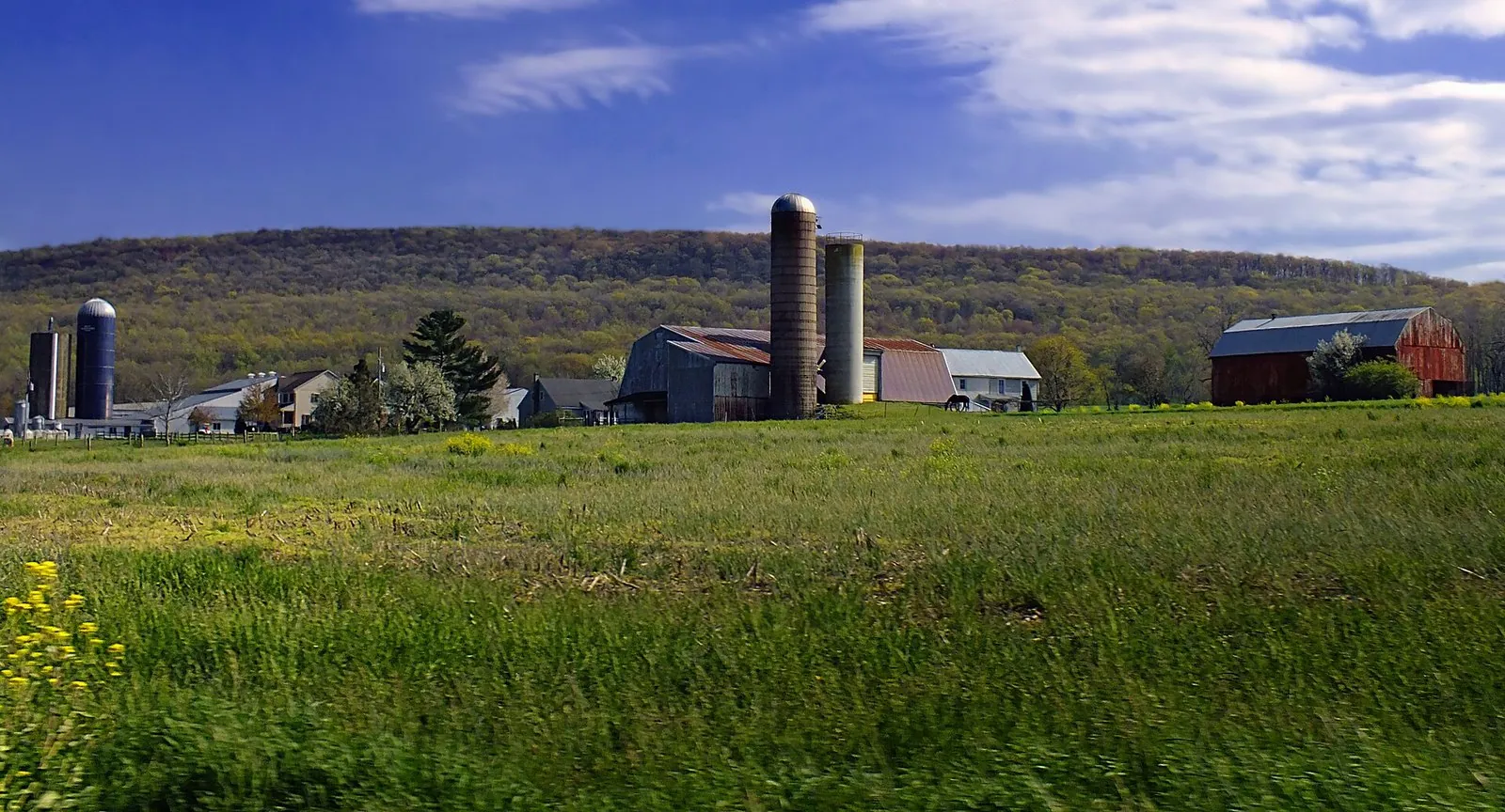 A Lancaster County farmstead with silos, barns and green fields below a wooded ridge, the heart of things to do in Lancaster PA