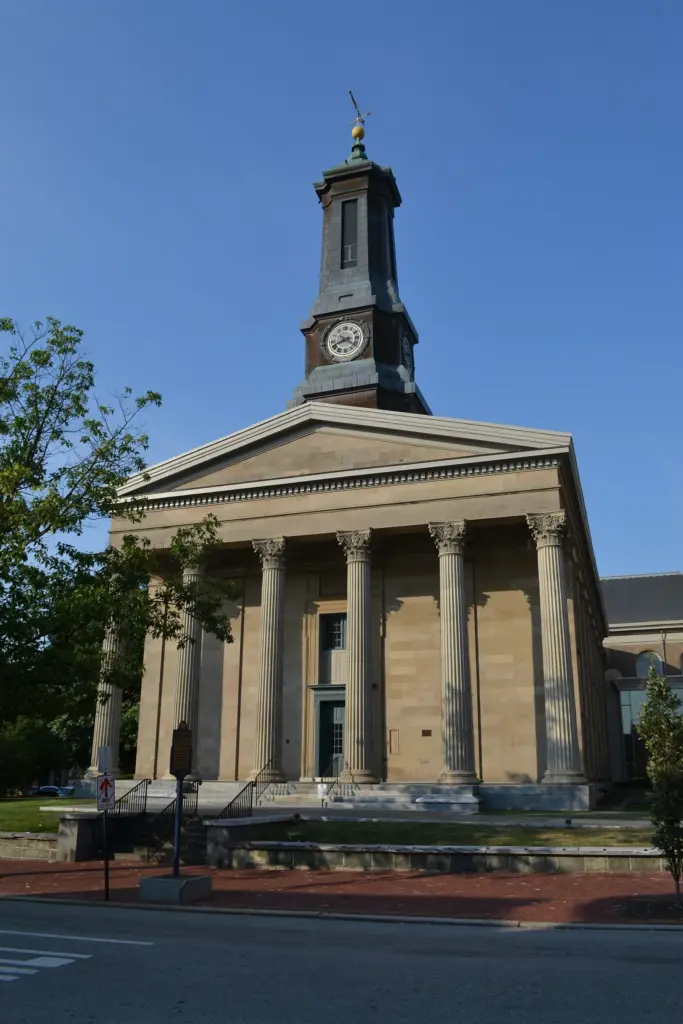 The columned Chester County Courthouse with its clock tower in downtown West Chester