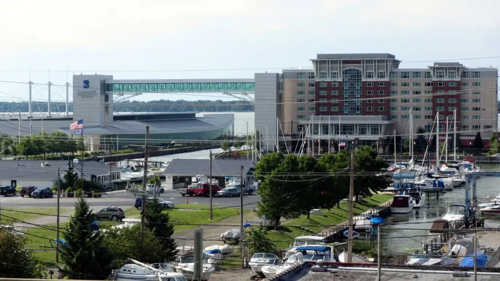 Marina and waterfront buildings at Erie's bayfront on Presque Isle Bay