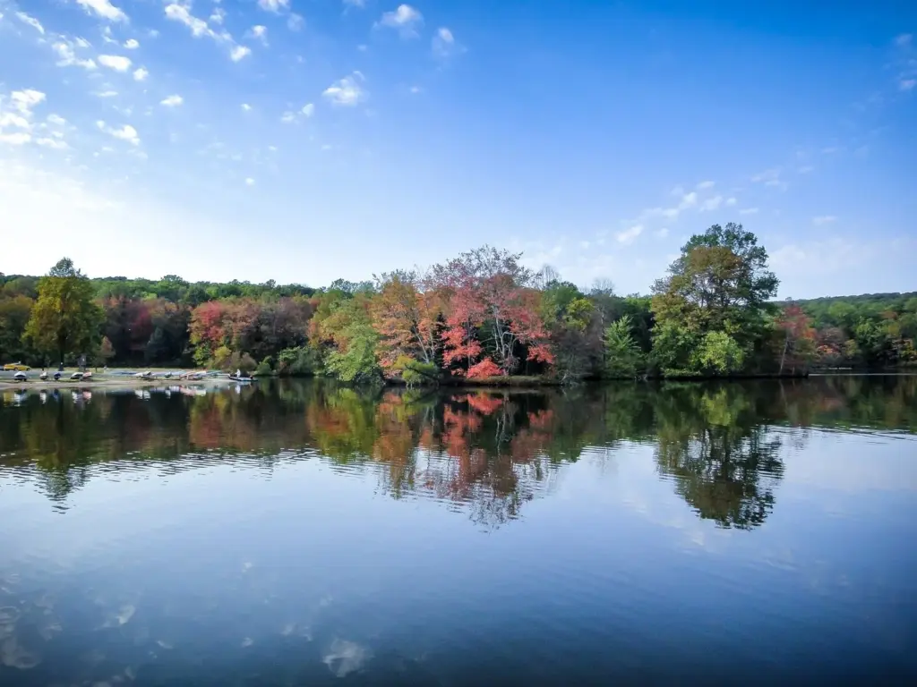 Autumn trees reflected in the still water of Hopewell Lake at French Creek State Park