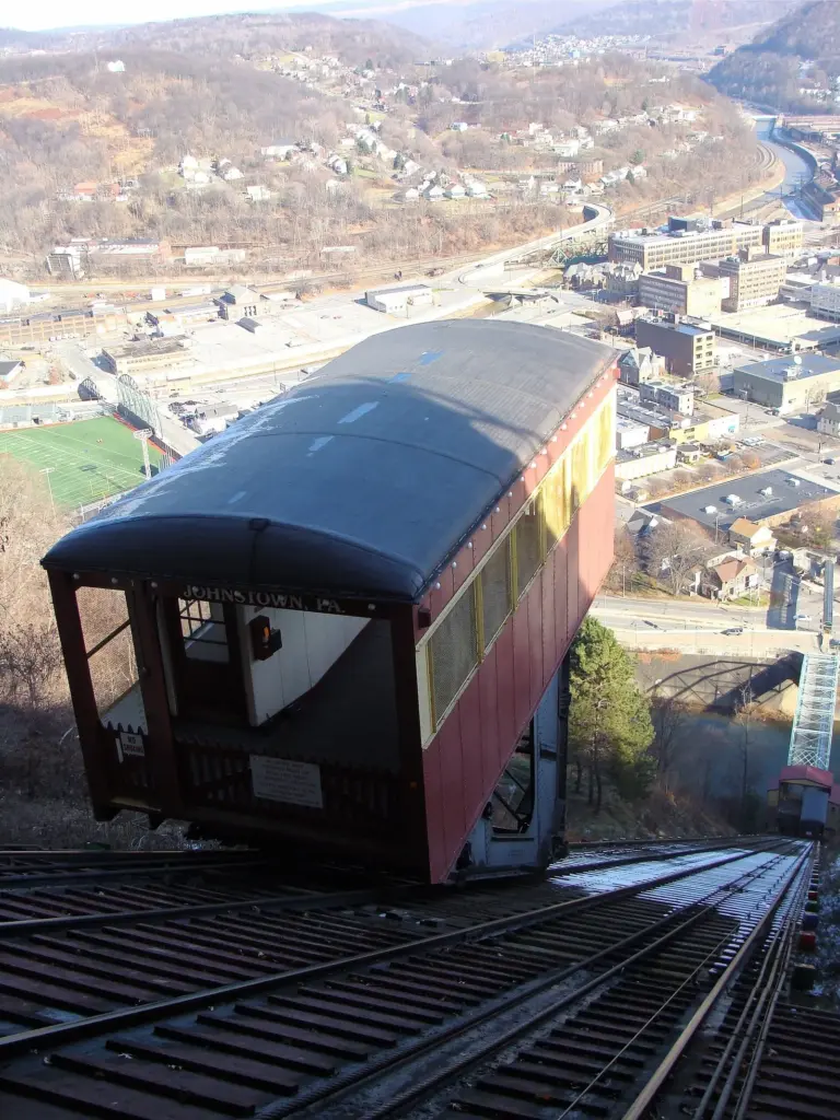 A Johnstown Inclined Plane car on its steep track high above the city in late autumn
