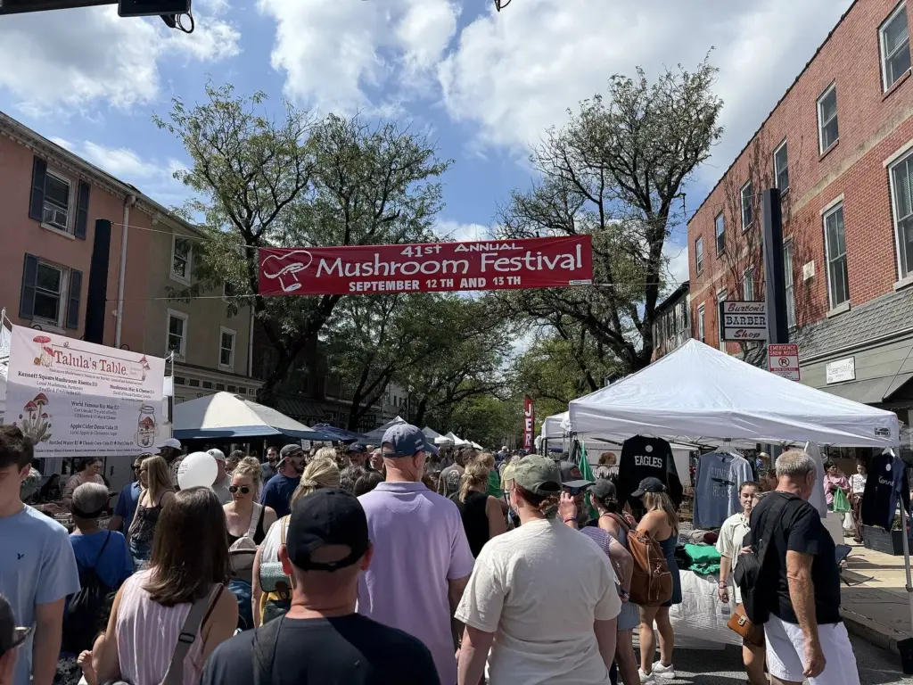 Crowds and vendor tents under a Mushroom Festival banner on State Street in Kennett Square