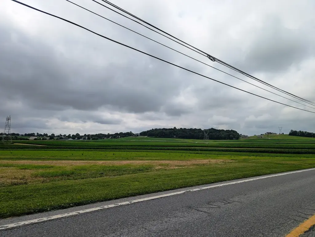 Green fields and farm buildings along a rural road in Penn Township, Lancaster County