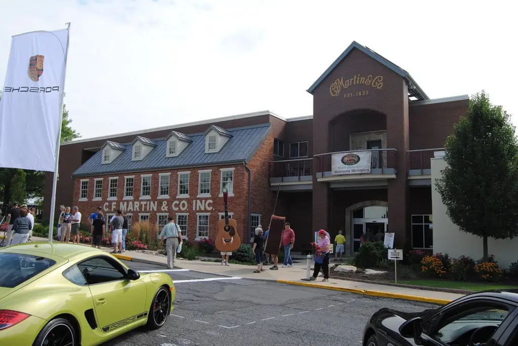 The brick C.F. Martin and Co. factory and visitor center building in Nazareth