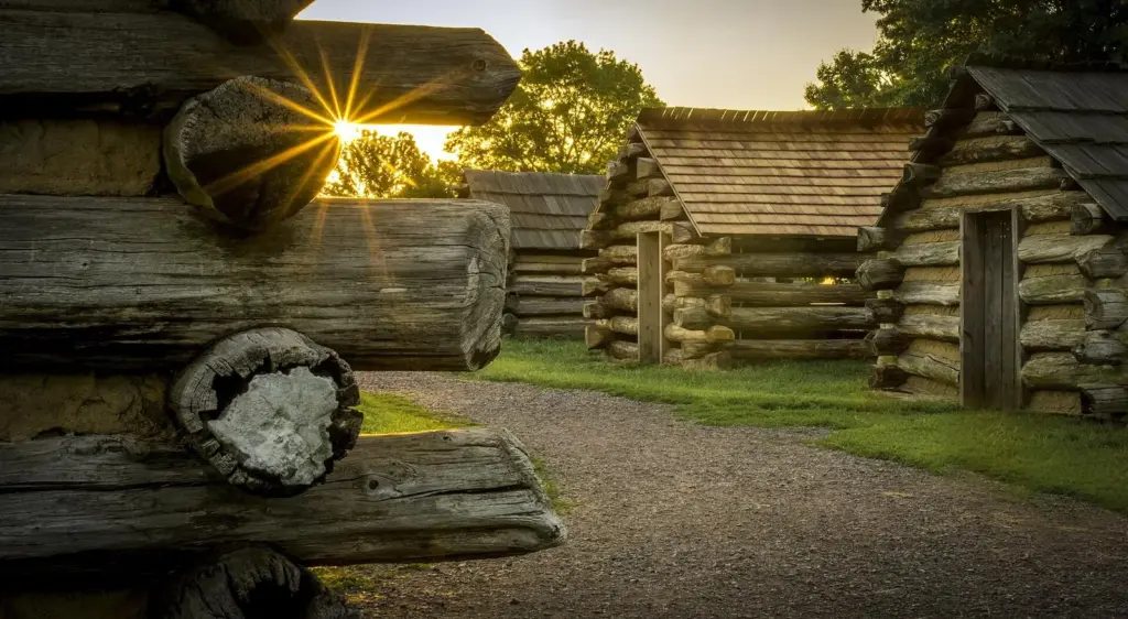 Reconstructed log huts of Muhlenberg's Brigade at Valley Forge at sunrise