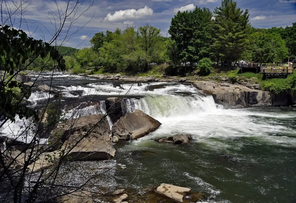 The wide, low Ohiopyle Falls on the Youghiogheny River with green woods behind