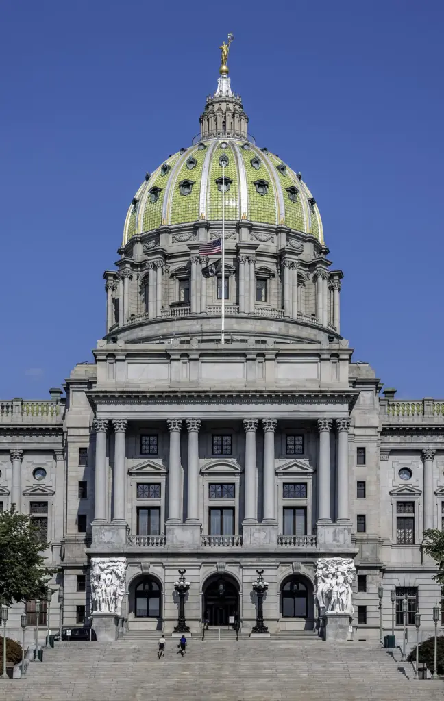 The domed west front of the Pennsylvania State Capitol in Harrisburg