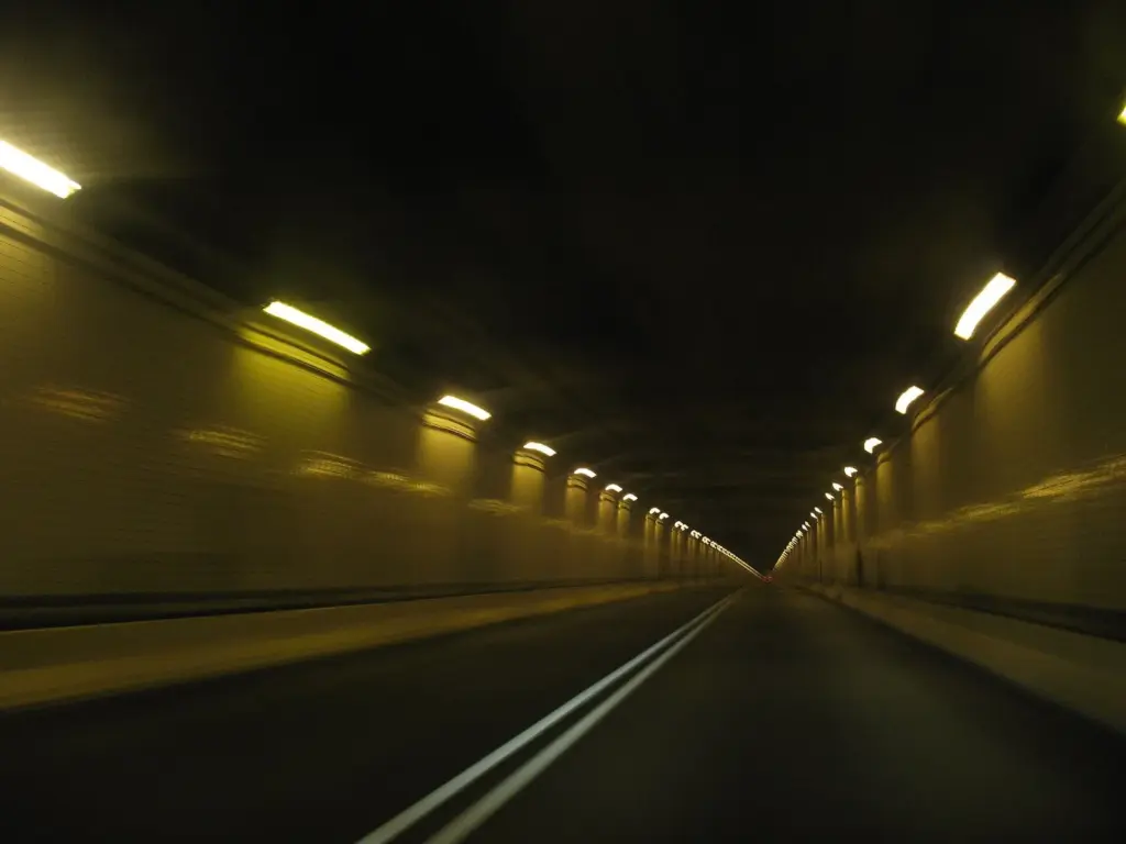 Lit interior of the Allegheny Mountain Tunnel on the Pennsylvania Turnpike