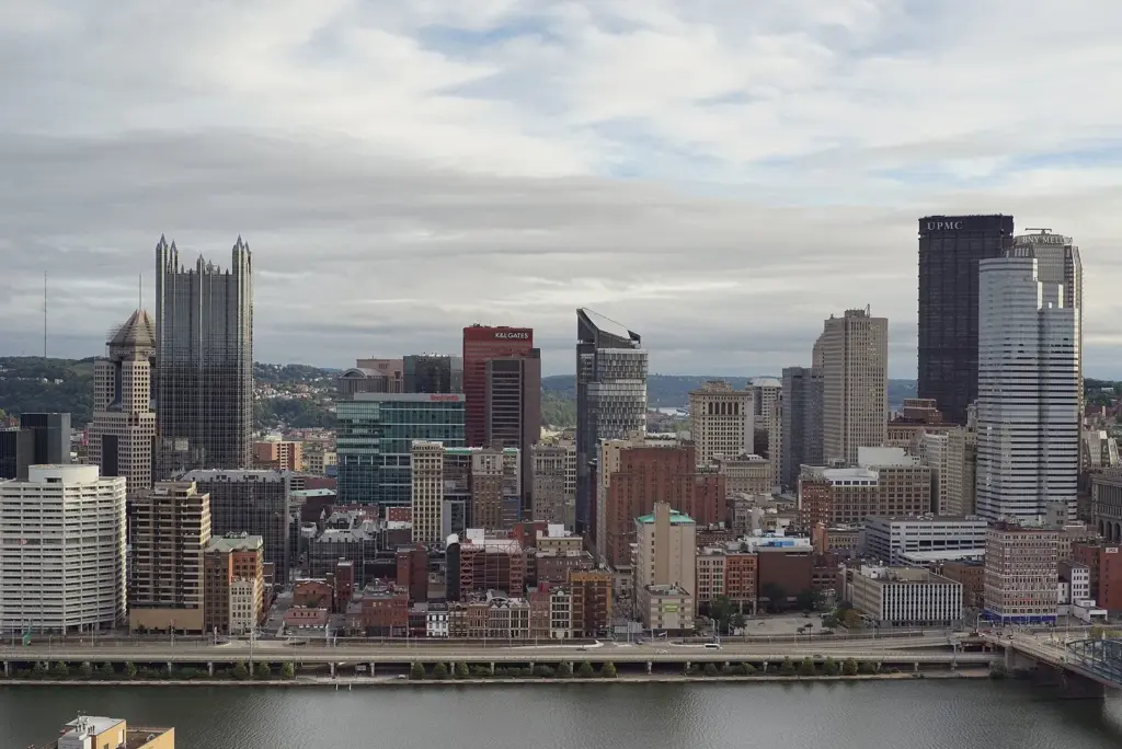 Downtown Pittsburgh skyscrapers above the Monongahela River seen from Mount Washington